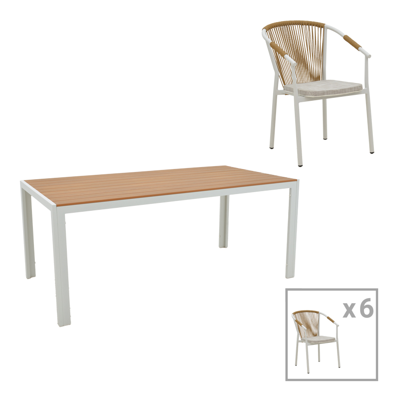 Tavolinë ngrënieje Nares-Convince B set me 7 copë pakoworld alumini i bardhë dhe kompensatë në nuancë natyrale 180x90x72.5cm
