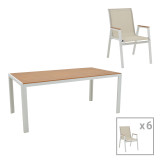 Tavolinë ngrënieje Nares-Azelie B set 7 pakoworld alumini i bardhë dhe kompensatë në nuancë natyrale 180x90x72.5cm