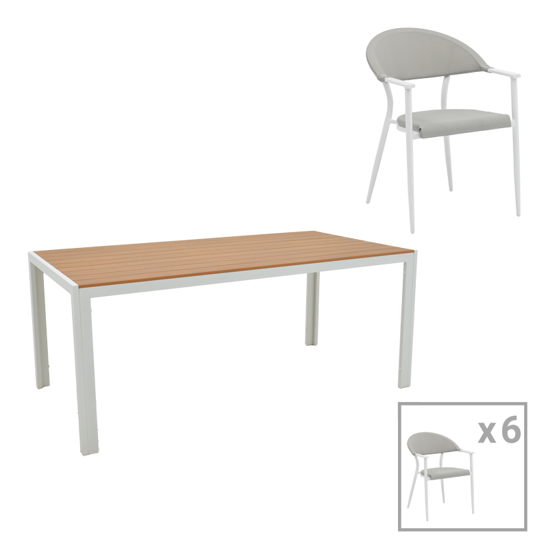 Tavolinë ngrënieje Nares-Pino B set me 7 pakoworld alumini i bardhë dhe kompensatë në një nuancë natyrale 180x90x72.5cm