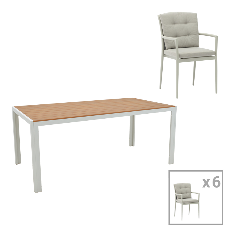 Tavolinë ngrënie Nares-Moritz A set prej 7 pakoworld alumini dhe kompensatë e bardhë-gri në një nuancë natyrale 180x90x72.5cm