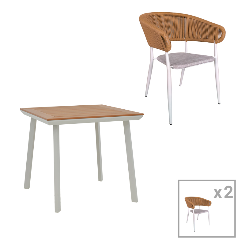 Set tavoline ngrënieje Synergy-Raven 3 copë pakoworld alumini i bardhë dhe kompensatë në ngjyrë natyrale 80x80x74cm