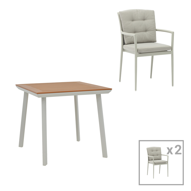 Tavolinë ngrënieje Synergy-Moritz set 3 pakoworld alumini i bardhë-gri dhe kompensatë në ngjyrë natyrale 80x80x74cm