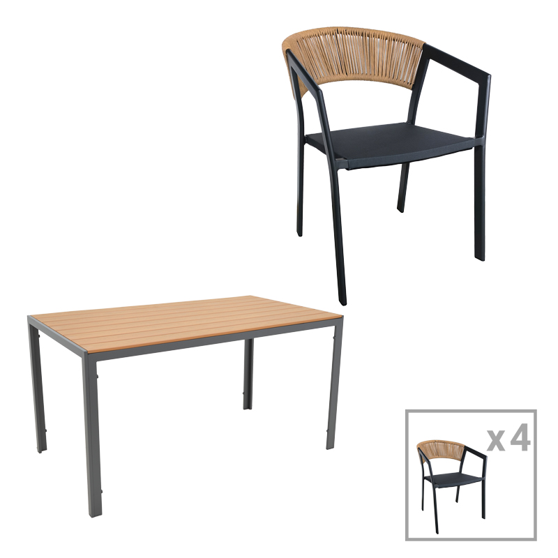 Tavolinë ngrënieje Nares-Glisten C set 5 pakoworld alumini antracit dhe kompensatë në ngjyrë natyrale 140x80x72.5cm