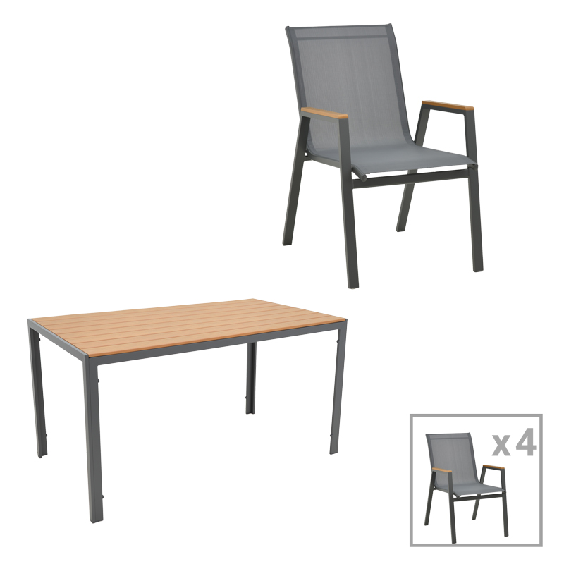 Tavolinë ngrënie Nares-Azelie C set me 5 pakoworld alumini antracit dhe tekstilen me kompensatë në ngjyrë natyrale 140x80x72.5cm