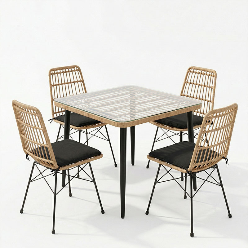 Set tavoline ngrënieje Naoki U prej 5 pakoworld rattan pe në nuancë natyrale dhe metal të zi 80x80x78cm