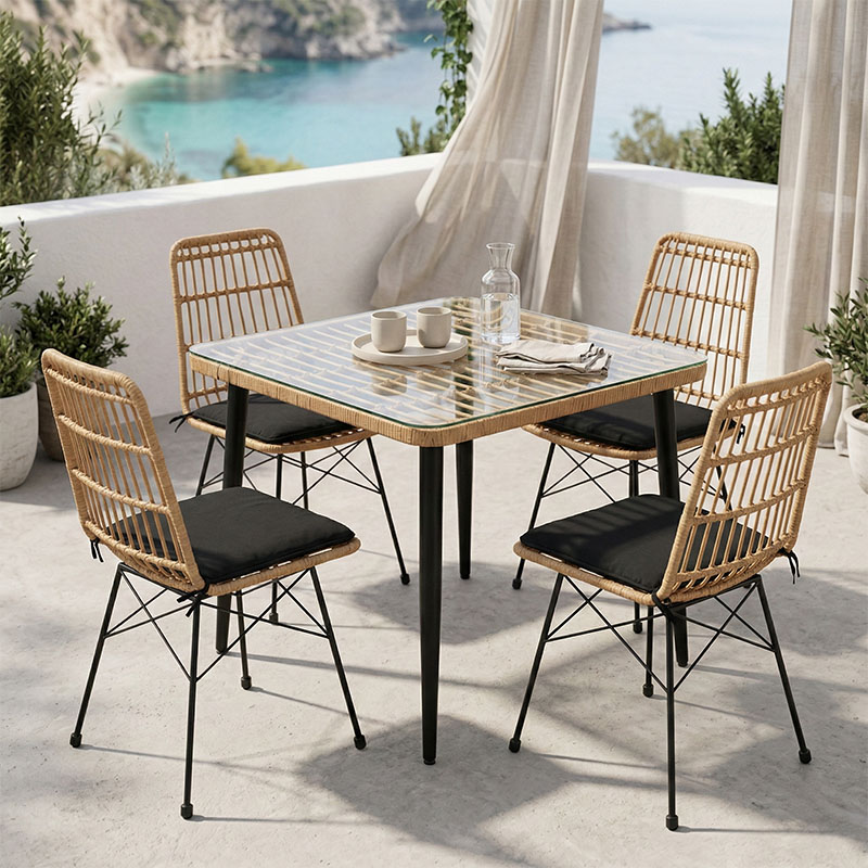 Set tavoline ngrënieje Naoki U prej 5 pakoworld rattan pe në nuancë natyrale dhe metal të zi 80x80x78cm