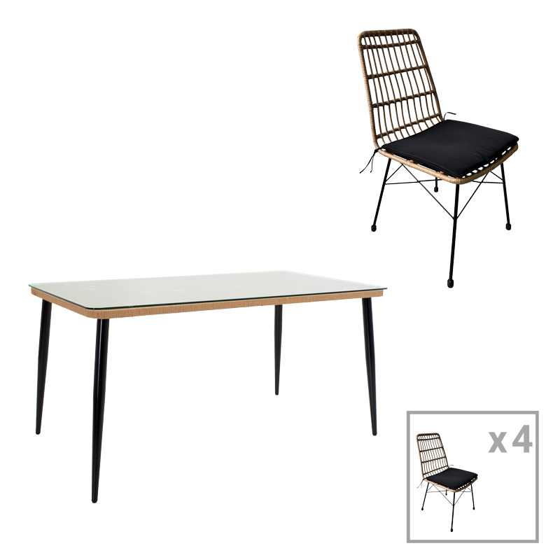 Set tavoline ngrënie Naoki U me 5 pakoworld rattan pe në nuancë natyrale dhe metal i zi 160x90x78cm
