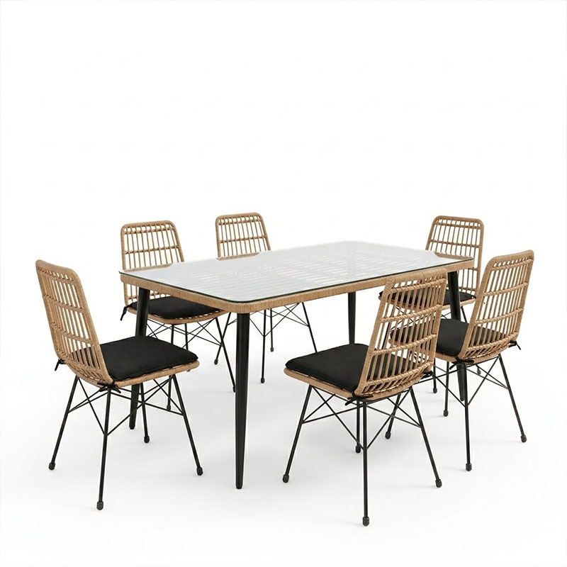 Set tavoline ngrënie Naoki U me 7 pakoworld rattan pe në nuancë natyrale dhe metal i zi 160x90x78cm
