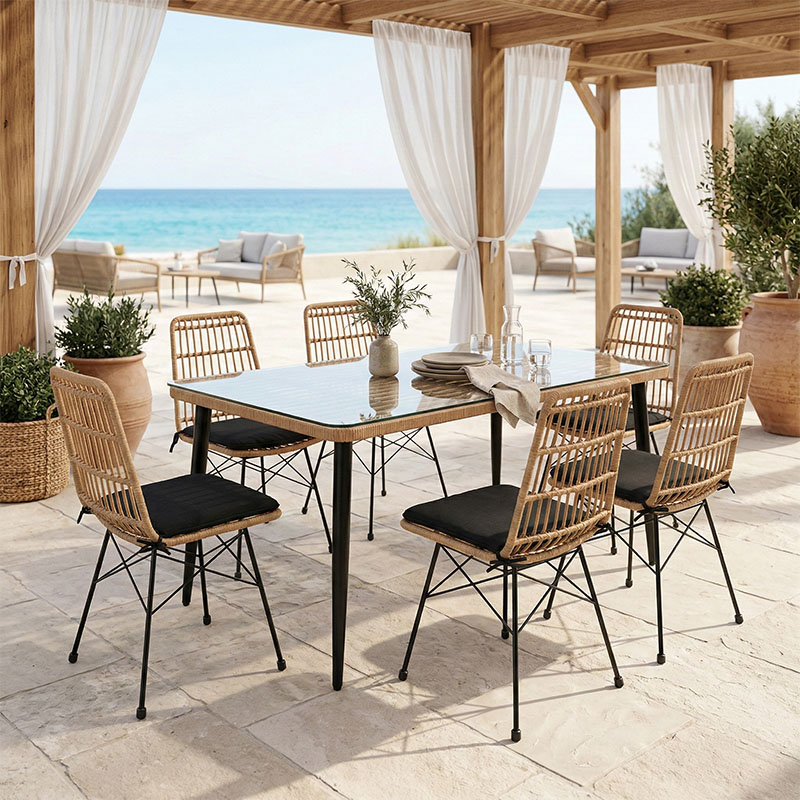 Set tavoline ngrënie Naoki U me 7 pakoworld rattan pe në nuancë natyrale dhe metal i zi 160x90x78cm