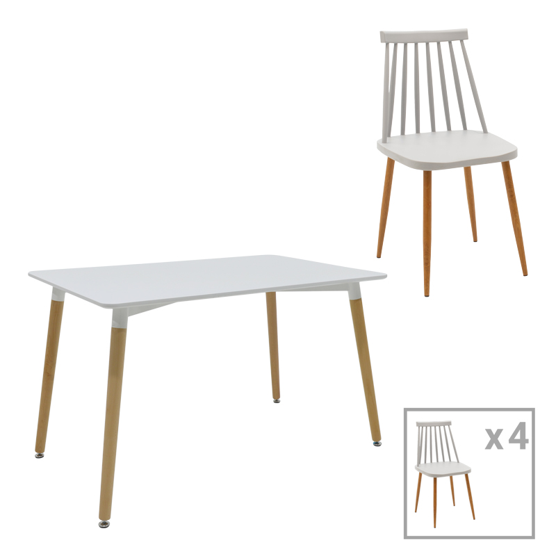 Tavolinë ngrënieje Aurora-Natali pakoworld set prej 5 PP-MDF në ngjyrë të bardhë-gri-natyrale 120x80x76cm
