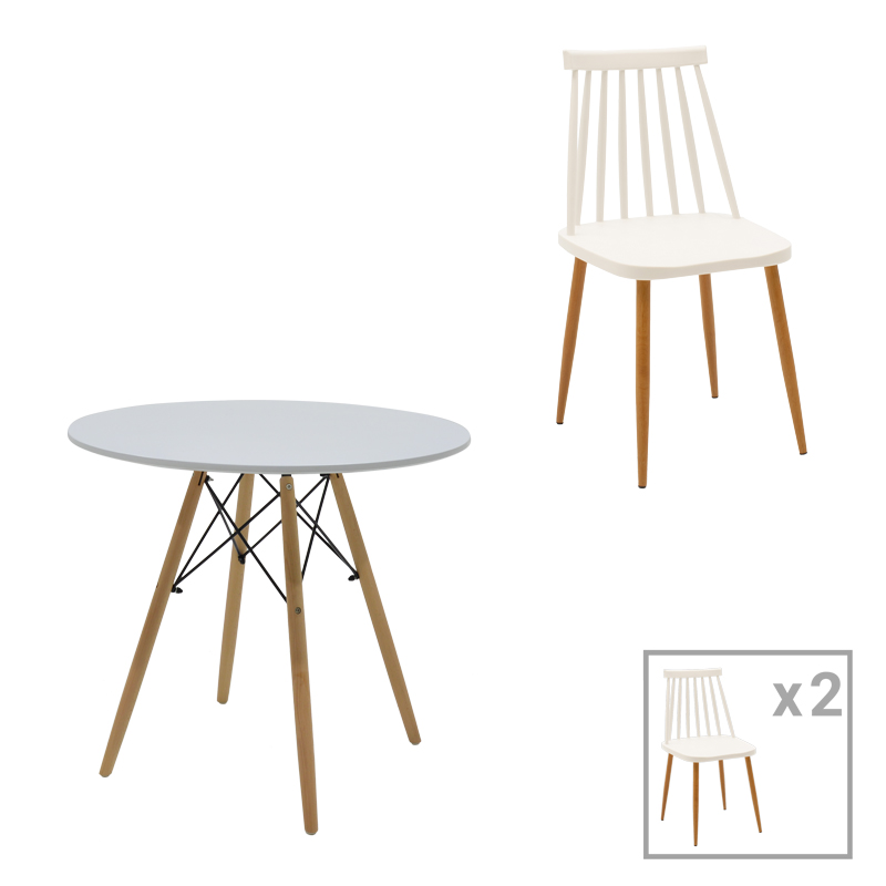 Aurora-Julita pakoworld set tavoline ngrënieje me 3 copë pp-mdf në ngjyrë të bardhë-natyrale D80x73cm