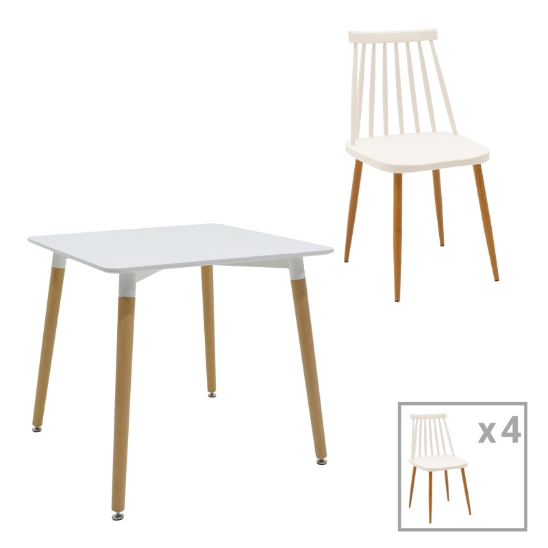 Set ngrënieje me karrige Aurora të bardha dhe tavolinë Natali të bardhë 80x80x76cm Set prej 5 copësh