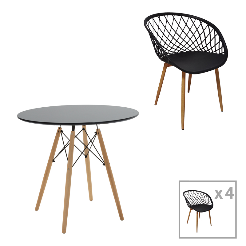 Set ngrënieje me karrige Ezra të zeza dhe tavolinë Julita të zezë Ø80x73cm Set prej 5 copësh