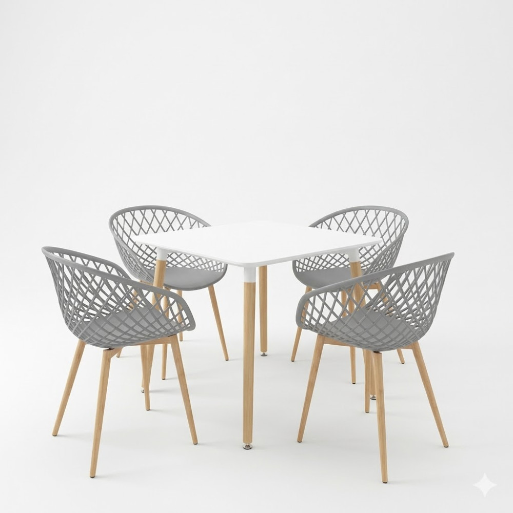 Set tavoline ngrënieje Ezra-Natali pakoworld me 5 copë pp-mdf në ngjyrë gri-bardhë me këmbë natyrale 80x80x76cm
