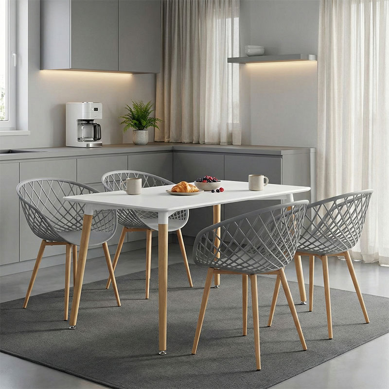 Set tavoline ngrënieje Ezra-Natali pakoworld 5 copë pp-mdf në ngjyrë gri-bardhë me këmbë natyrale 120x80x76cm