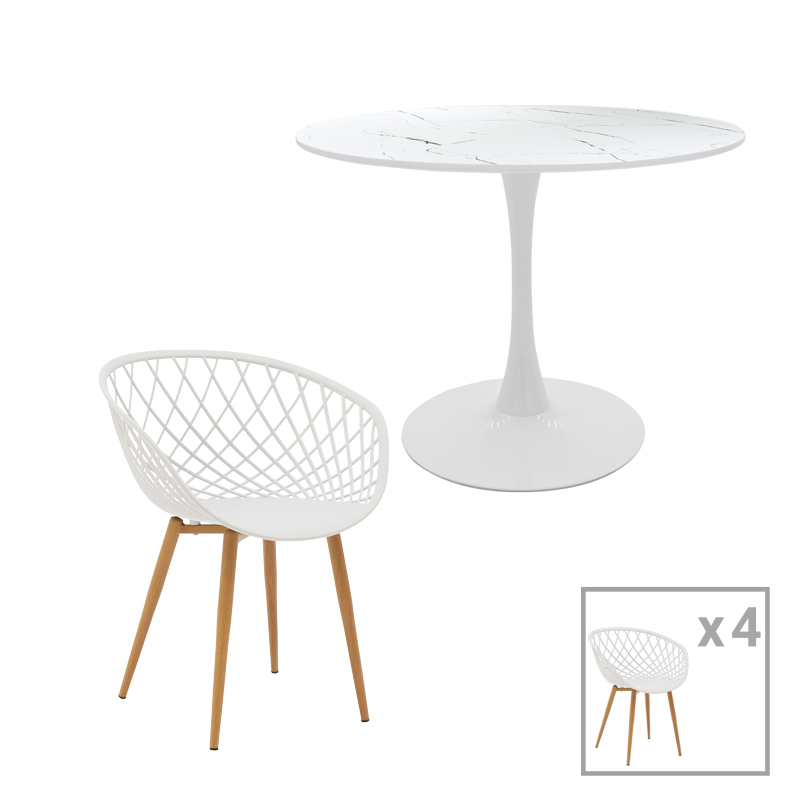 Set tavoline ngrënie Ezra-Balou pakoworld me 5 copë pp-mdf në ngjyrë mermeri të bardhë D120x73cm