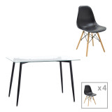 Tavolinë ngrënie Quana-Julita pakoworld set prej 5 copësh xham 8mm transparent - këmbë e zezë 120x70x75cm