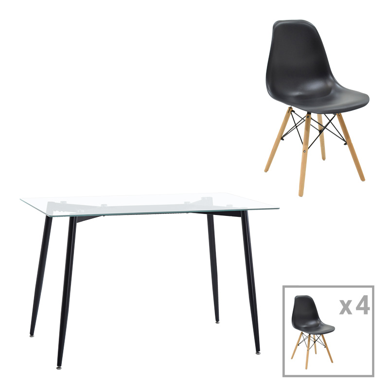 Tavolinë ngrënie Quana-Julita pakoworld set prej 5 copësh xham 8mm transparent - këmbë e zezë 120x70x75cm