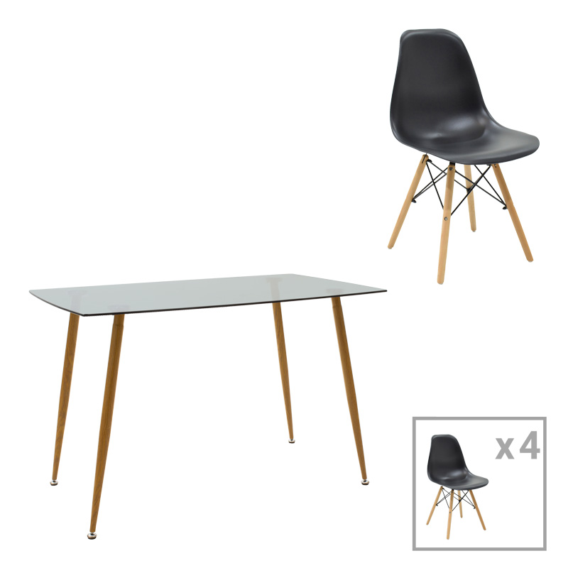 Set tavoline ngrënieje Chloe-Julita pakoworld me 5 copë, xham antracit 8mm - këmbë natyrale 120x70x75cm
