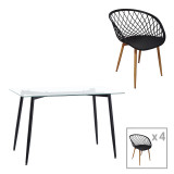 Tavolinë ngrënieje Quana-Ezra pakoworld set prej 5 copësh xham 8mm transparent - këmbë e zezë 120x70x75cm