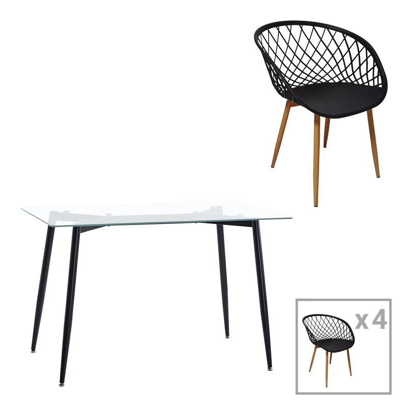 Tavolinë ngrënieje Quana-Ezra pakoworld set prej 5 copësh xham 8mm transparent - këmbë e zezë 120x70x75cm
