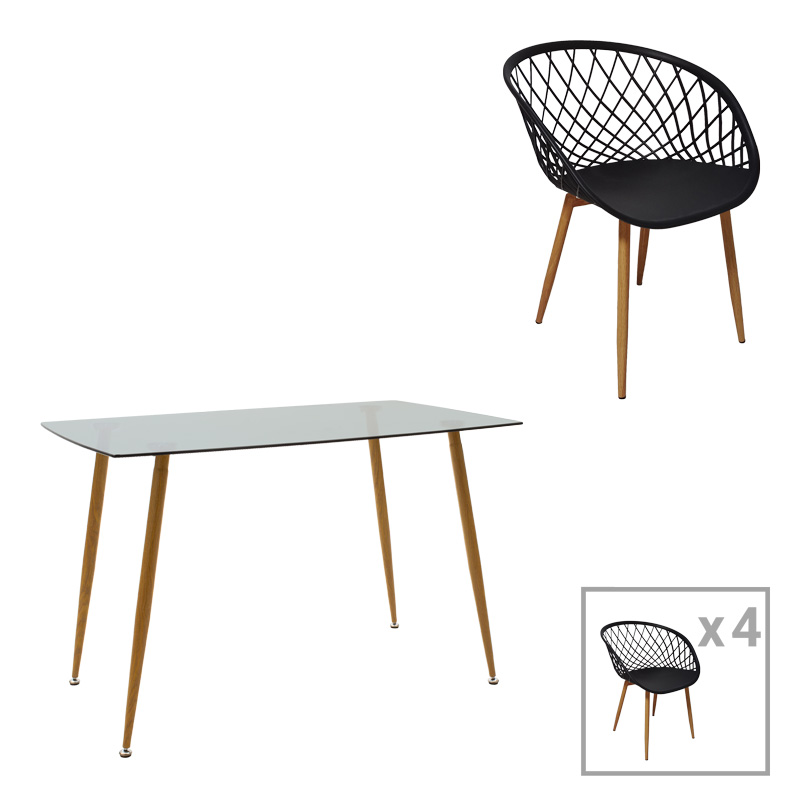 Tavolinë ngrënie Chloe-Ezra pakoworld set prej 5 copësh, xham antracit 8mm - këmbë natyrale 120x70x75cm
