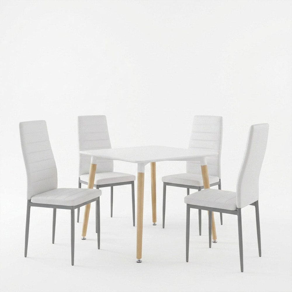 Set ngrënieje me karrige Parker të bardha dhe tavolinë Natali të bardhë 80x80x76cm Set prej 5 copësh