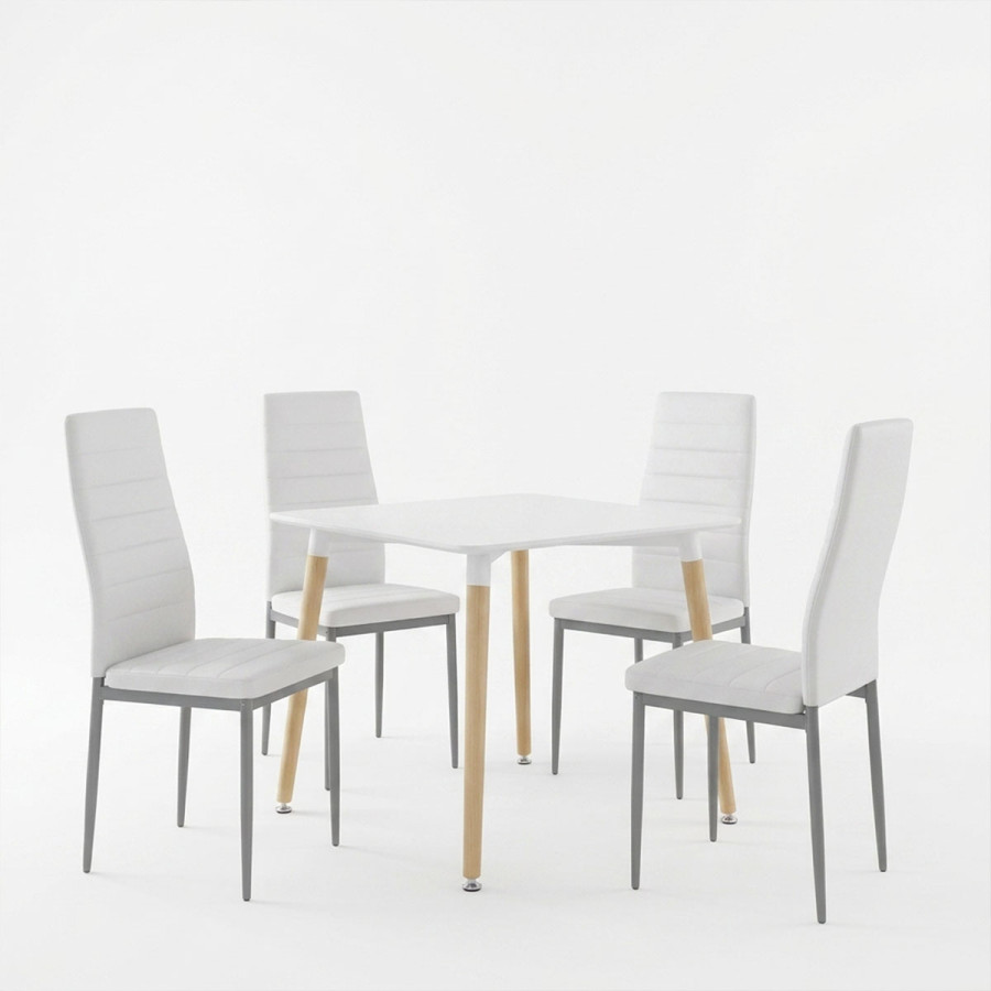 Set ngrënieje me karrige Parker të bardha dhe tavolinë Natali të bardhë 80x80x76cm Set prej 5 copësh