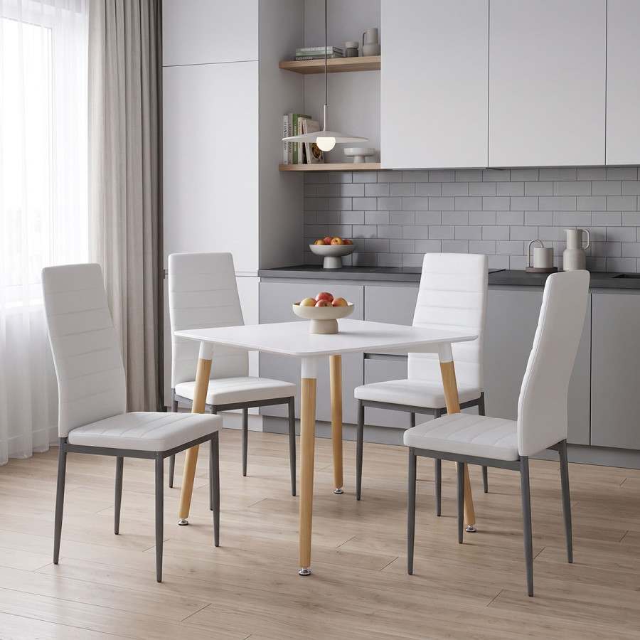 Set ngrënieje me karrige Parker të bardha dhe tavolinë Natali të bardhë 80x80x76cm Set prej 5 copësh