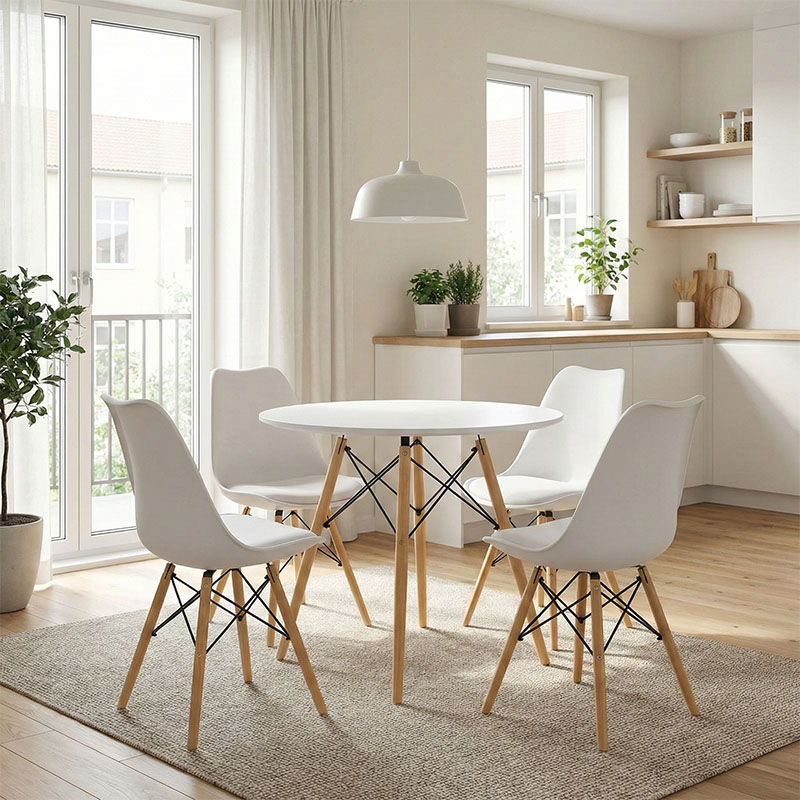 Tavolinë ngrënie Julita set me 5 pakoworld MDF dhe dru ahu në nuancë të bardhë-natyrale D80x73cm