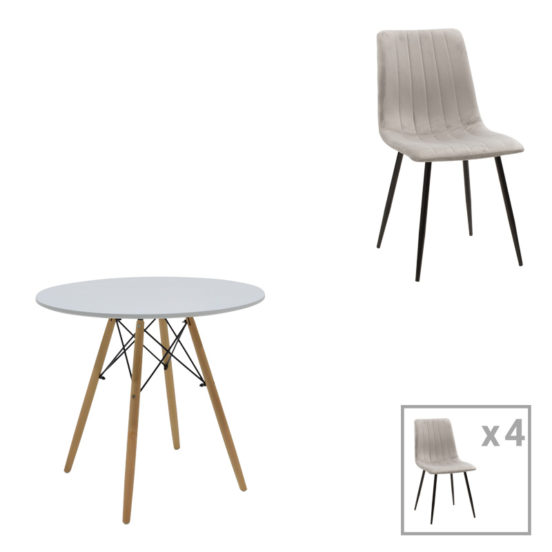 Tavolinë ngrënieje Julita-Noor pakoworld set me 5 copë MDF këmbë të bardha-gri-natyrale D80x76cm