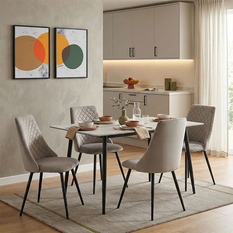 Set tavoline ngrënieje Gustas-Giselle pakoworld me 5 pjesë mermer i bardhë guri i sinterizuar-metal i zi 120x80x75cm