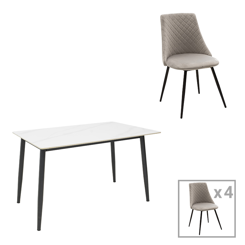 Set tavoline ngrënieje Gustas-Giselle pakoworld me 5 copë mermer i bardhë-kadife gri 120x80x76cm