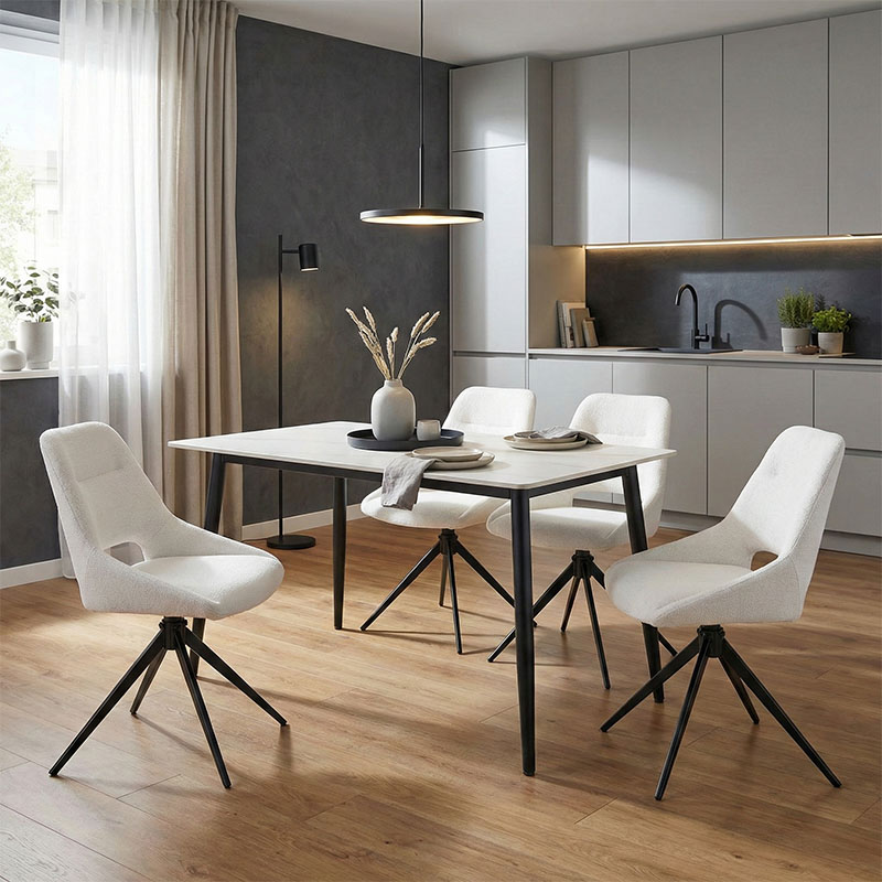Set tavoline ngrënieje Gustas-Luciano I pakoworld me 5 copë mermer i bardhë-pëlhurë krem 120x80x76cm