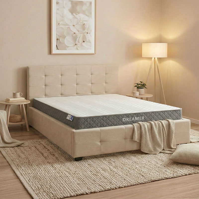 Krevat me dyshek dhe hapësirë magazinimi Roi-Dreamer pakoworld pëlhurë ekru 160x200cm