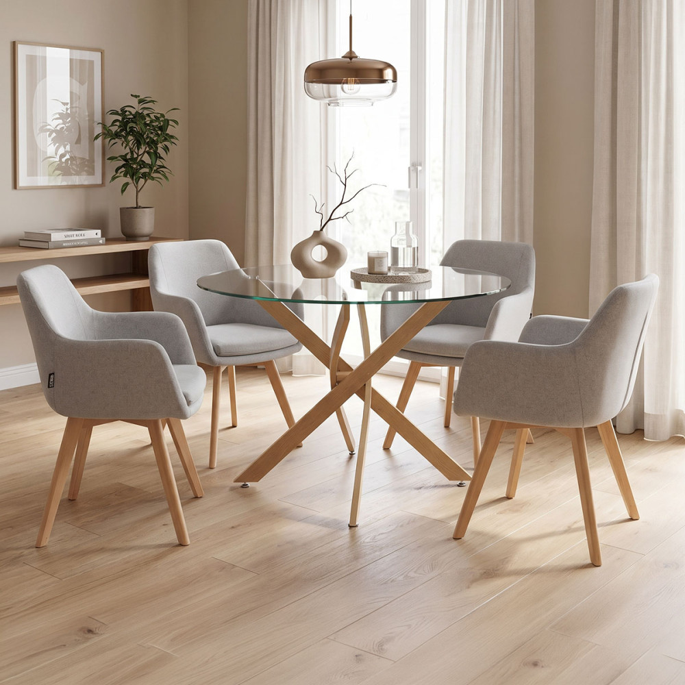 Dhomë ngrënieje me kolltuqe Safira gri dhe tavolinë xhami Antoro D100x75cm Set me 5 copë