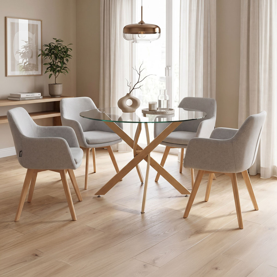 Dhomë ngrënieje me kolltuqe Safira gri dhe tavolinë xhami Antoro D100x75cm Set me 5 copë