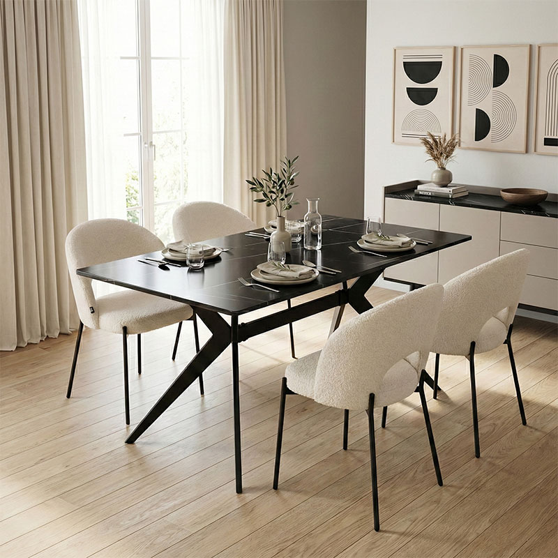 Dhomë ngrënie me karrige Masebo të bardha dhe tavolinë Ezali të zezë 140x80x75cm Set prej 5 copësh