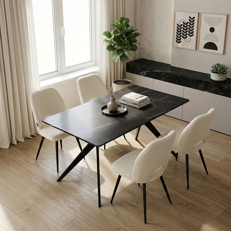 Dhomë ngrënie me karrige Renish të bardha dhe tavolinë Ezali të zezë 140x80x75cm Set prej 5 copësh