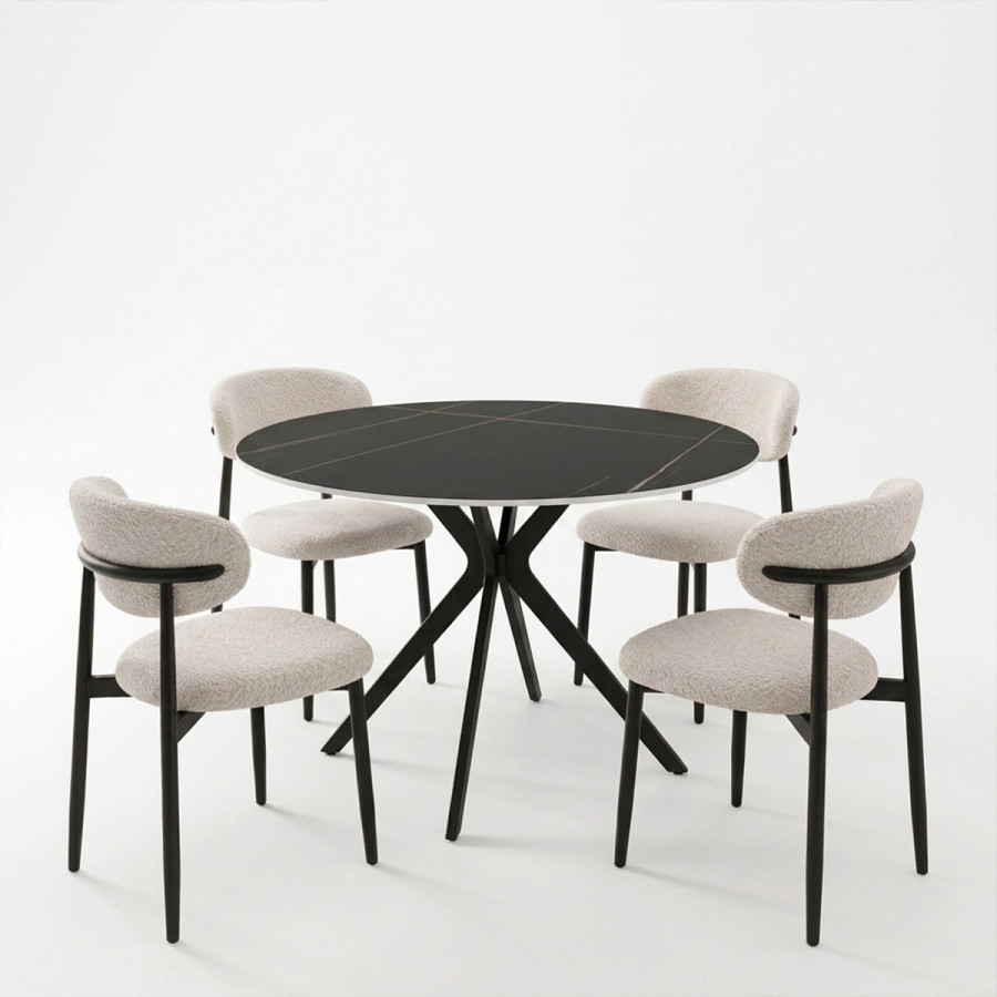 Dhomë ngrënie me karrige Folegio Cream dhe tavolinë Orbital Black D120x76cm Set prej 5 copësh