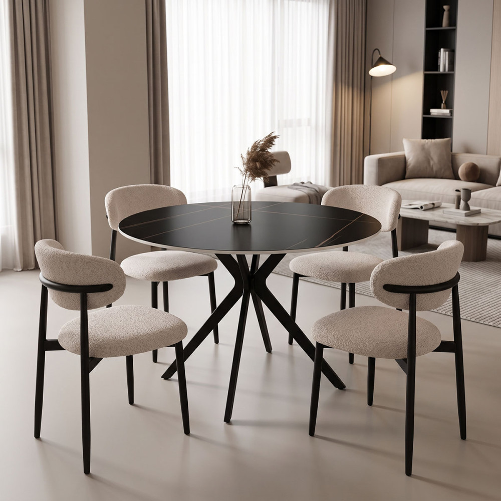 Dhomë ngrënie me karrige Folegio Cream dhe tavolinë Orbital Black D120x76cm Set prej 5 copësh