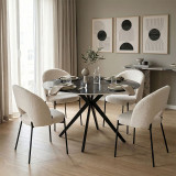 Dhomë ngrënie me karrige Masebo të bardha dhe tavolinë Orbital të zezë D120x76cm Set prej 5 copësh