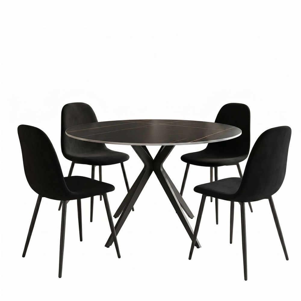 Dhomë ngrënie me karrige Bella të zeza dhe tavolinë Orbital të zezë D120x76cm Set prej 5 copësh