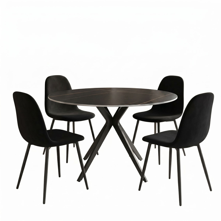 Dhomë ngrënie me karrige Bella të zeza dhe tavolinë Orbital të zezë D120x76cm Set prej 5 copësh