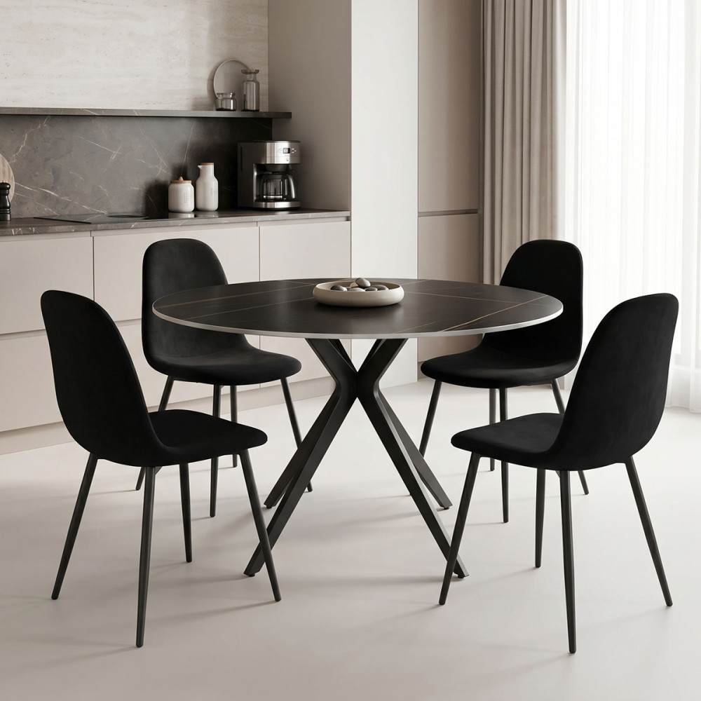 Dhomë ngrënie me karrige Bella të zeza dhe tavolinë Orbital të zezë D120x76cm Set prej 5 copësh