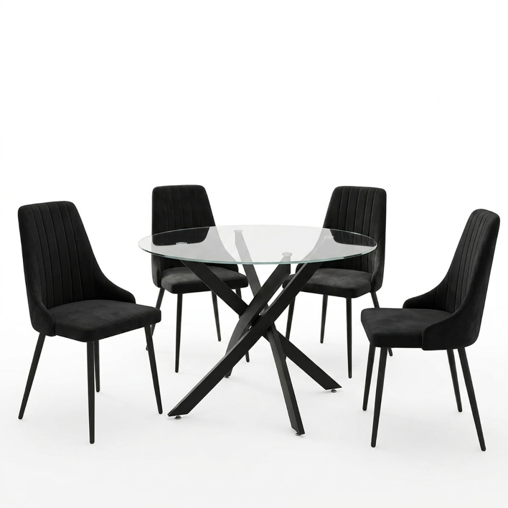 Set ngrënieje me karrige Azori të zeza dhe tavolinë xhami Antoro D100x75cm Set prej 5 copësh