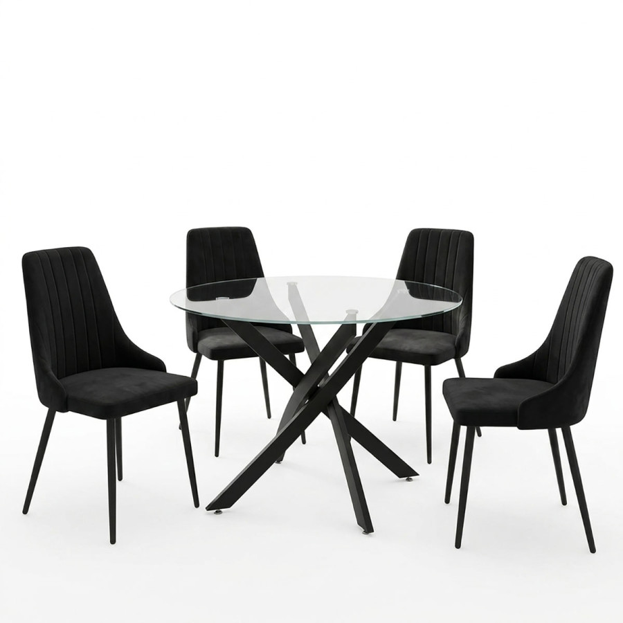 Set ngrënieje me karrige Azori të zeza dhe tavolinë xhami Antoro D100x75cm Set prej 5 copësh