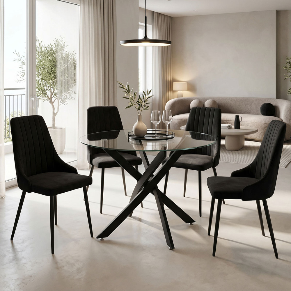 Set ngrënieje me karrige Azori të zeza dhe tavolinë xhami Antoro D100x75cm Set prej 5 copësh