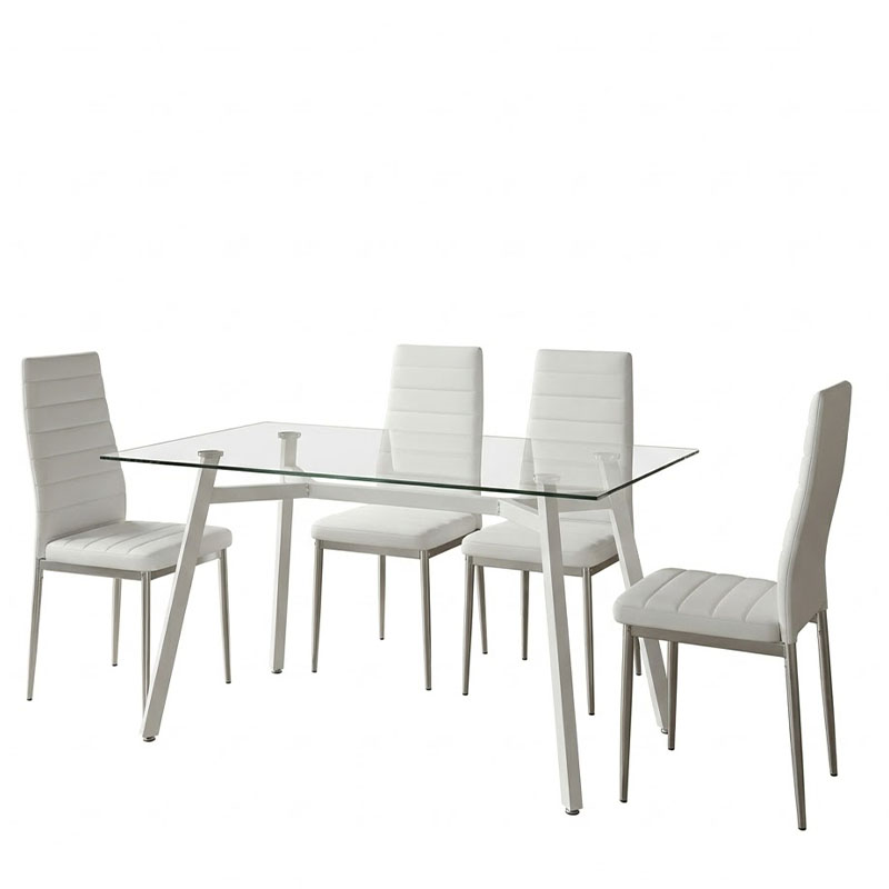 Dhomë ngrënie me karrige Parker të bardha dhe tavolinë xhami Titta 120x70x75cm Set prej 5 copësh