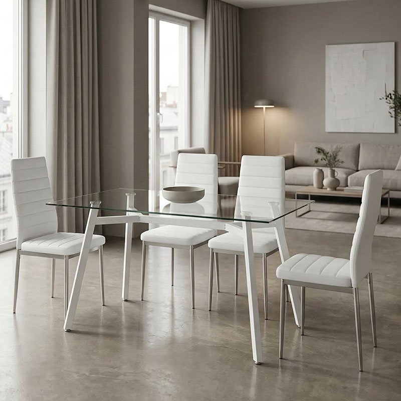 Dhomë ngrënie me karrige Parker të bardha dhe tavolinë xhami Titta 120x70x75cm Set prej 5 copësh